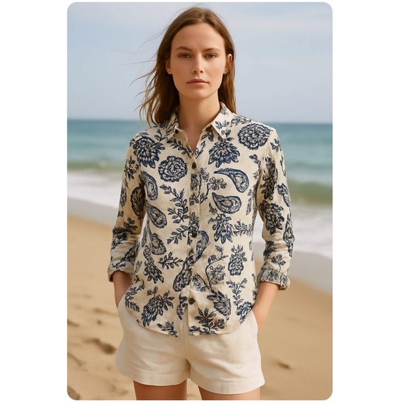 Charter Club Weekend Linen Button Down Shirt Blue Paisley Floral Medium - Picture 1 of 15